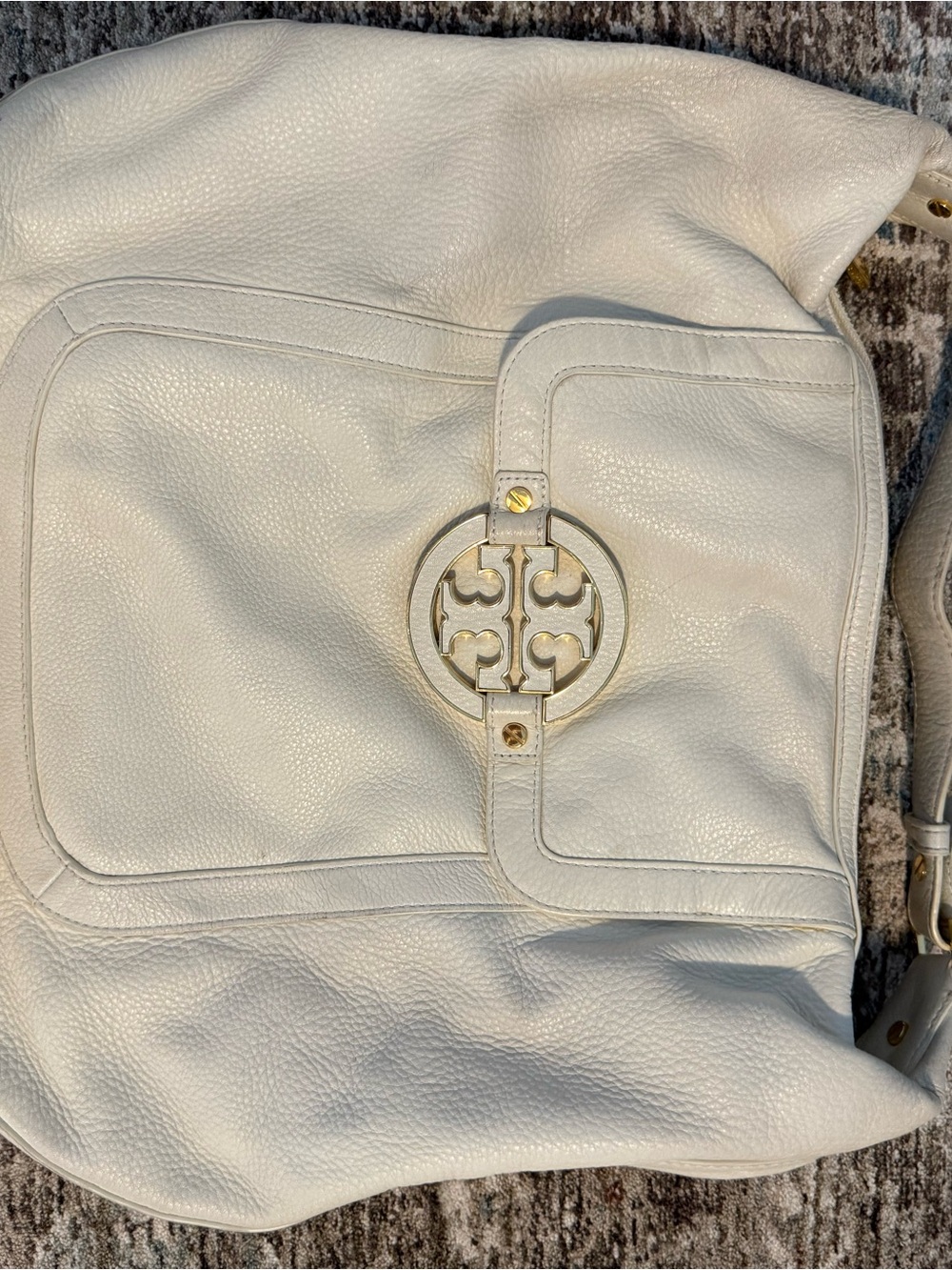 Tory Burch Ivory Pebbled Leather Shoulder Bag with Gold Logo
